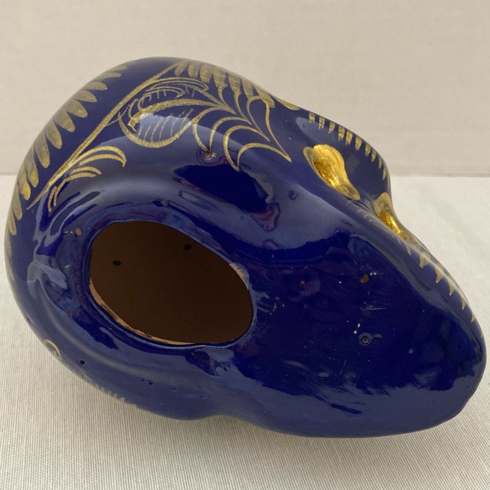 Blue & Gold Ceramic Sugar Skull Vase | Day of the Dead Decor | Hand Painted - Picture 6 of 9